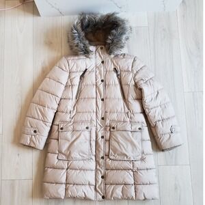 Lucky Brand Puffer Jacket Womens XL Tan Faux Fur Hood Quilted Parka Coat